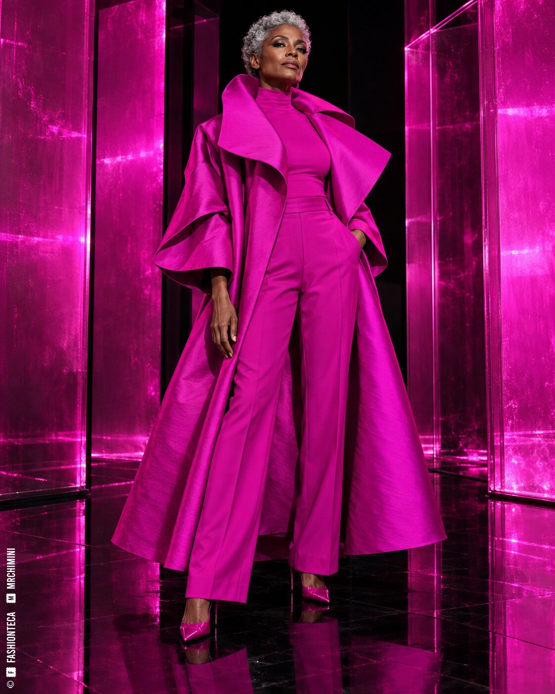 Modelo de cuerpo entero con vestido y sastrería fucsia brillante en una escenografía teatral negra