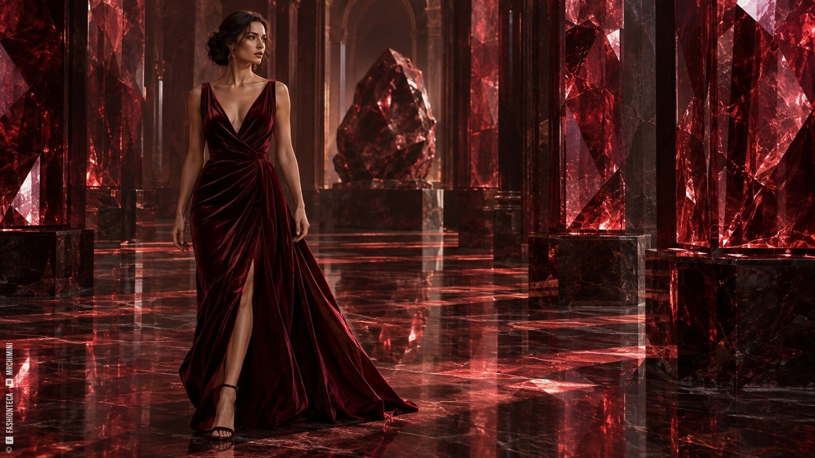 Editorial de Moda granate en una galería monumental inspirada en cristales de granate