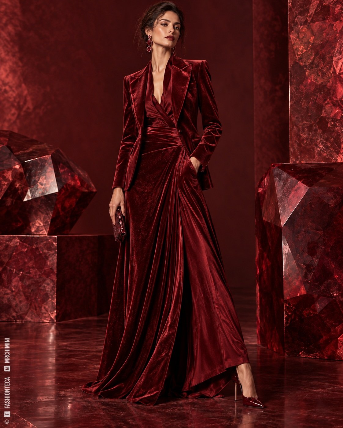 Modelo de cuerpo entero con sastrería y vestido de terciopelo granate en una escenografía mineral granate