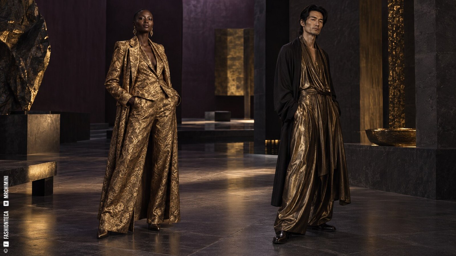 Editorial de Moda oro con dos modelos de cuerpo entero entre piedra negra y arquitectura color berenjena