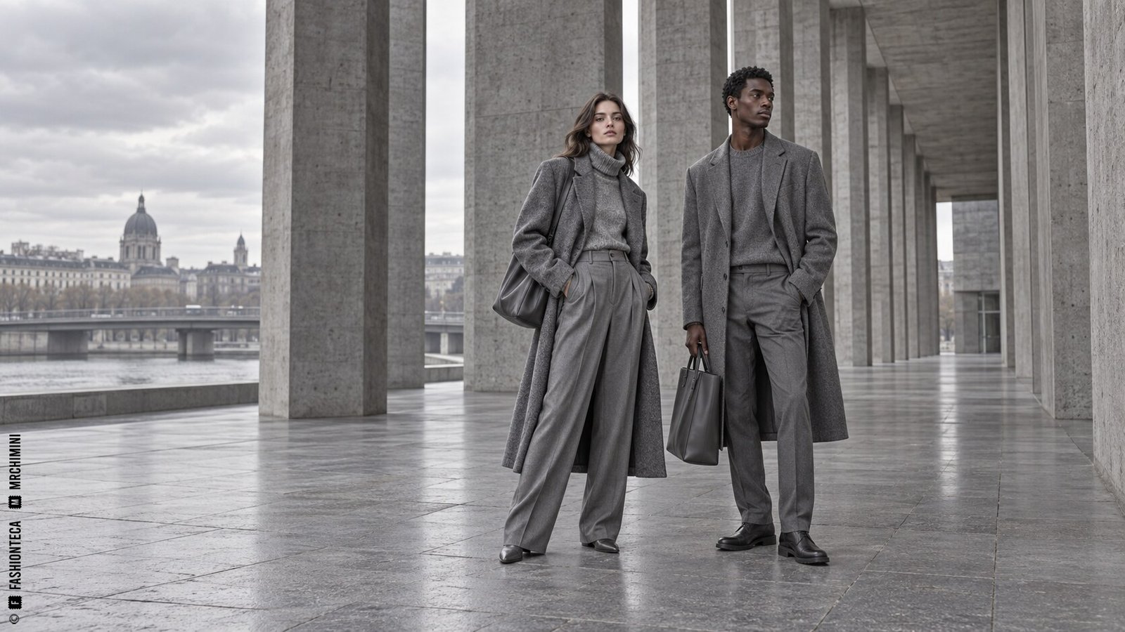 Editorial de Moda gris con dos modelos bajo una columnata urbana de hormigón
