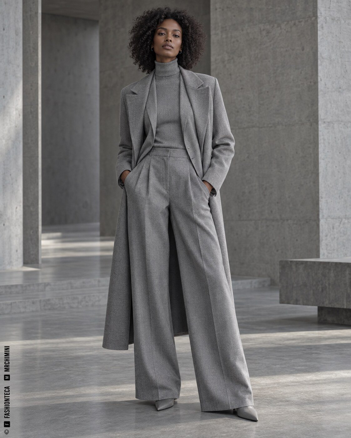 Modelo de cuerpo entero con sastrería gris medio en una arquitectura de hormigón