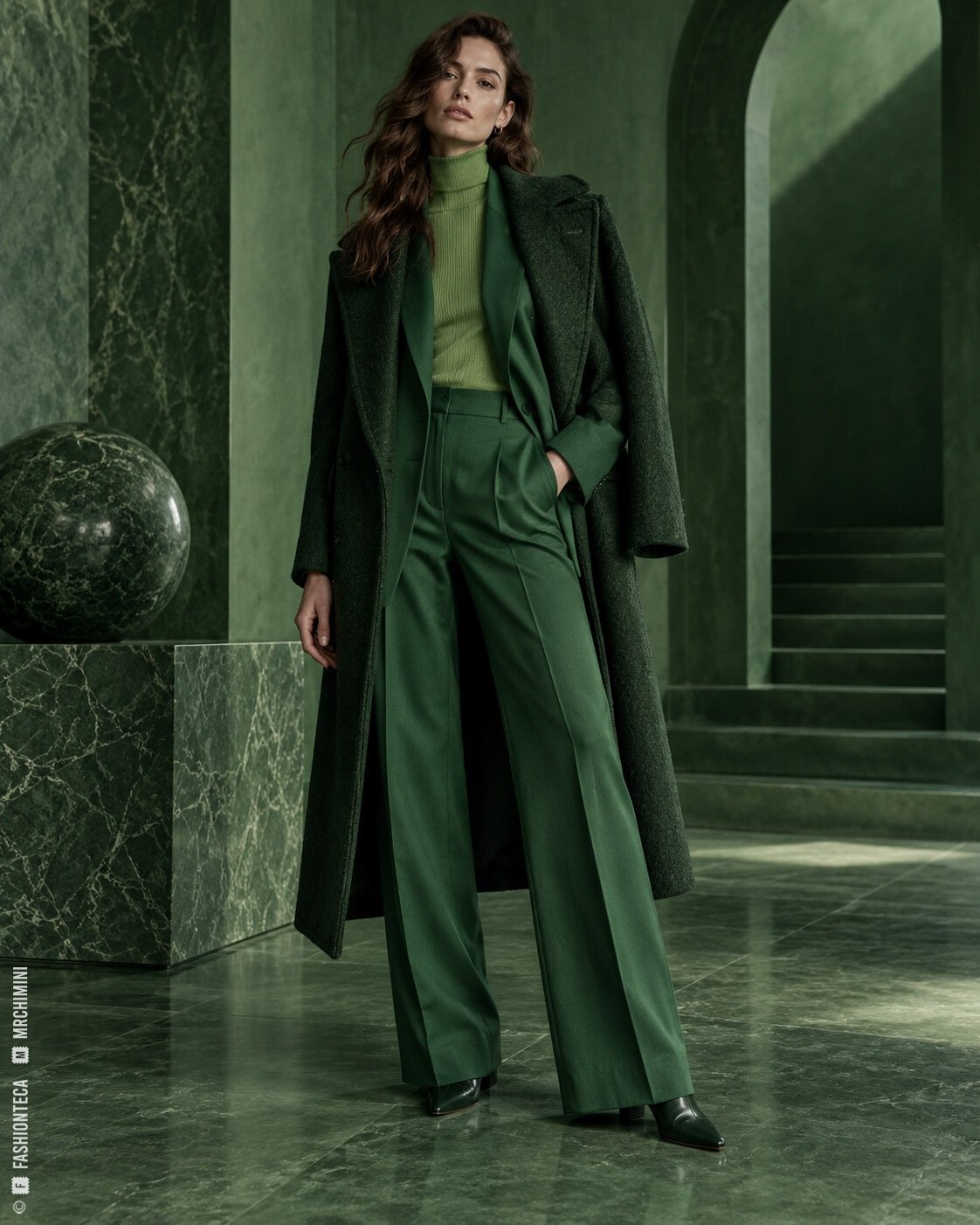 Modelo de cuerpo entero con sastrería verde esmeralda y abrigo verde bosque en una escenografía verde profunda