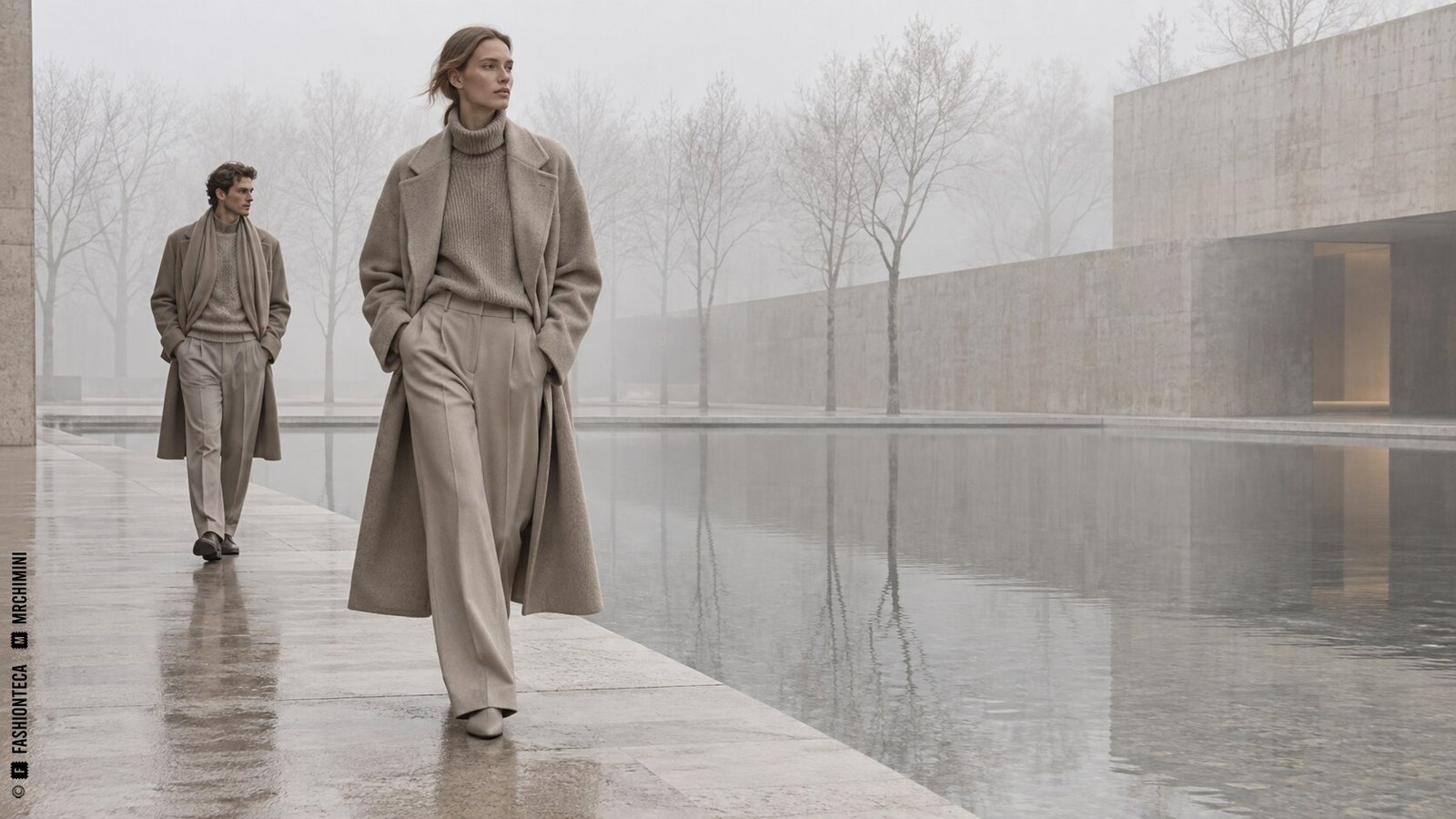 Editorial de Moda greige con dos modelos en una plaza de hormigón, niebla y agua reflectante