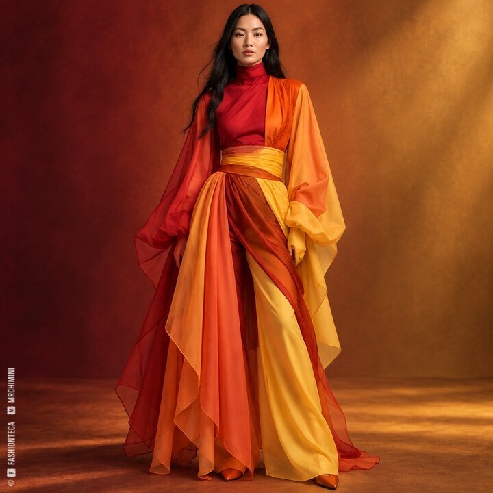 Look femenino en rojo, naranja y amarillo sobre un fondo análogo cálido