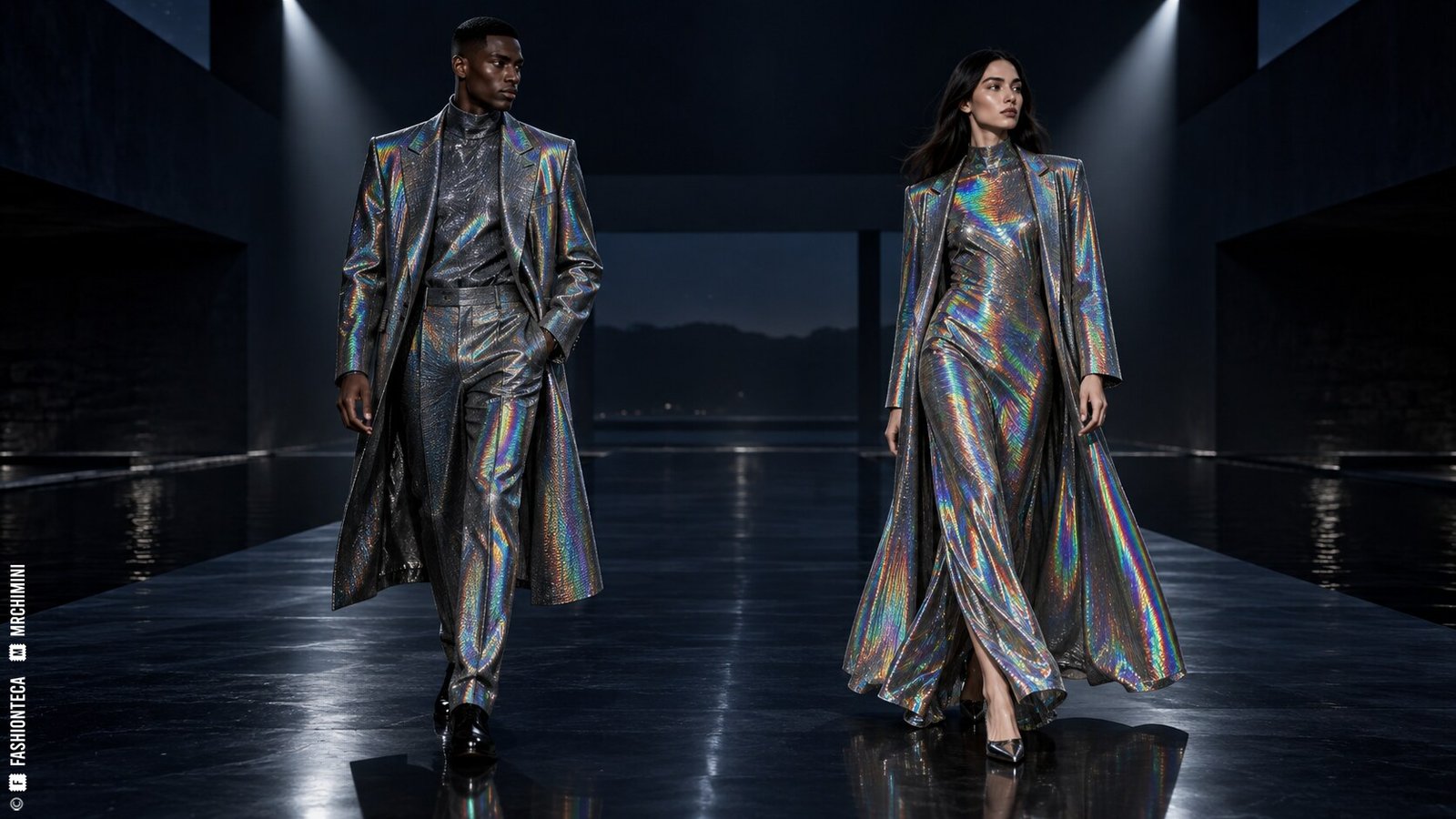 Editorial de Moda holográfica con dos modelos de cuerpo entero sobre una pasarela azul noche