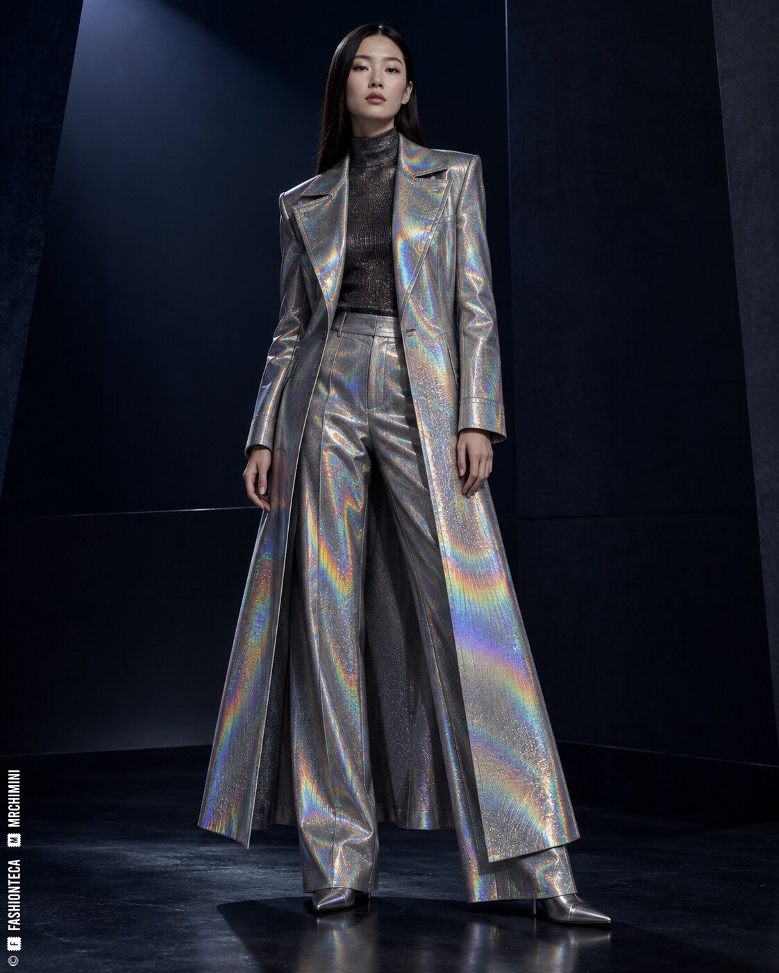 Modelo de cuerpo entero con abrigo y pantalón holográficos plateados en una arquitectura azul noche