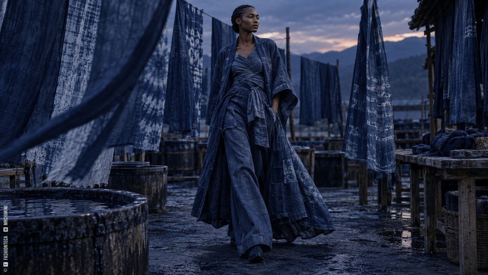 Editorial de Moda índigo en un taller contemporáneo de paños teñidos y arquitectura nocturna