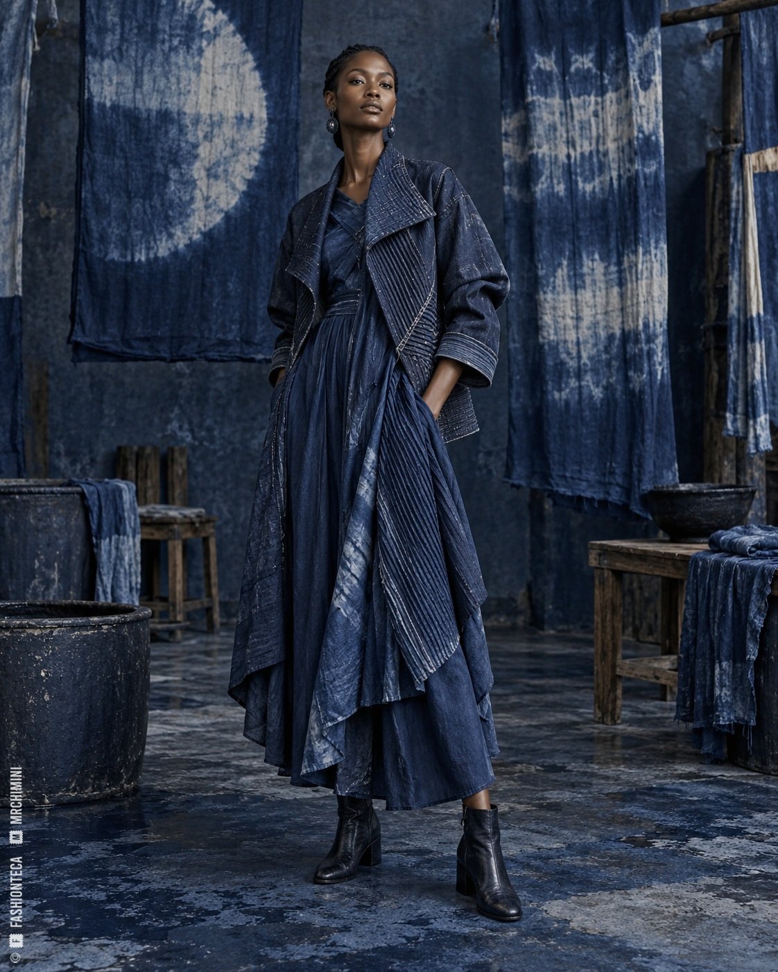 Modelo de cuerpo entero con capas de denim, lana y seda color índigo en una arquitectura teñida