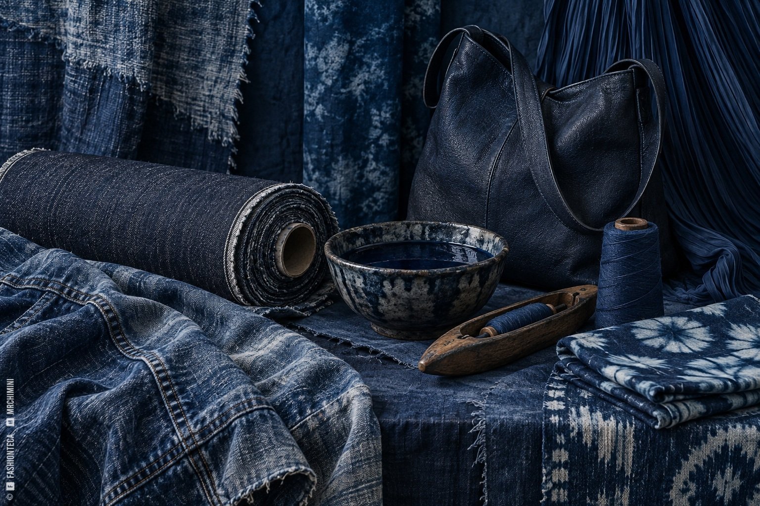Bodegón índigo con denim lavado, hilo, lana, cuero, vidrio, cerámica y hojas de la planta tintórea