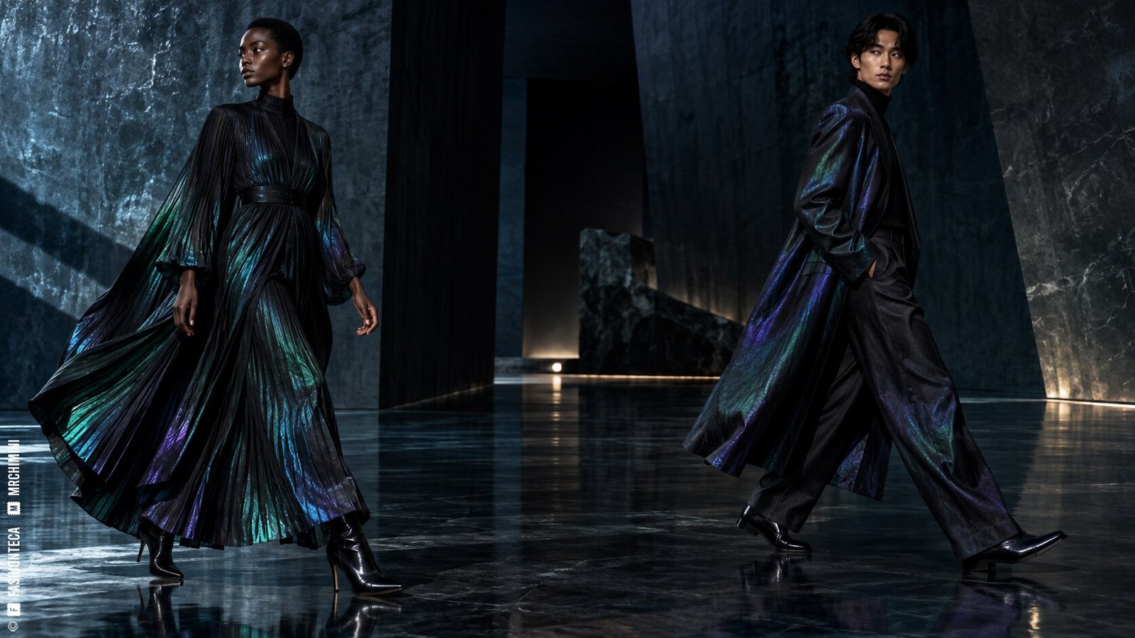 Editorial de Moda iridiscente con dos modelos de cuerpo entero en una arquitectura azul petróleo
