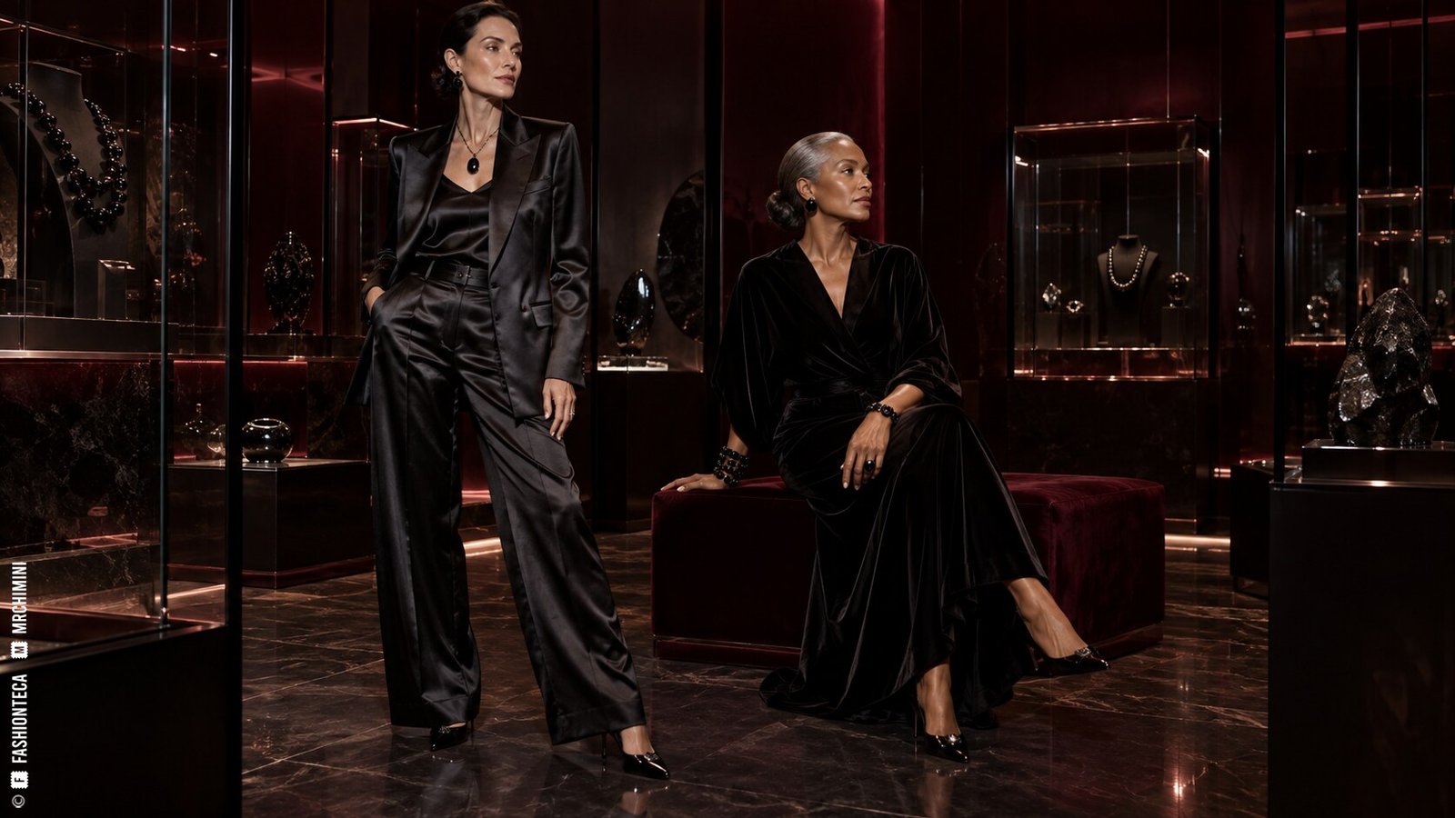 Editorial de Moda azabache con dos modelos de cuerpo entero entre vitrinas oscuras y reflejos color vino