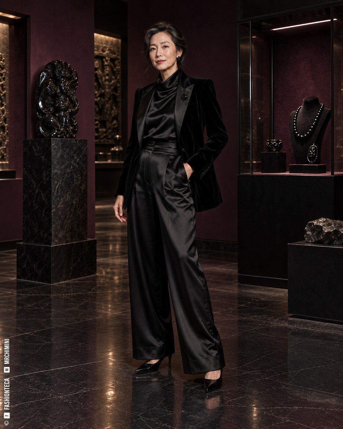Modelo madura de cuerpo entero con sastrería negra brillante y broche de azabache en una galería color ciruela oscuro