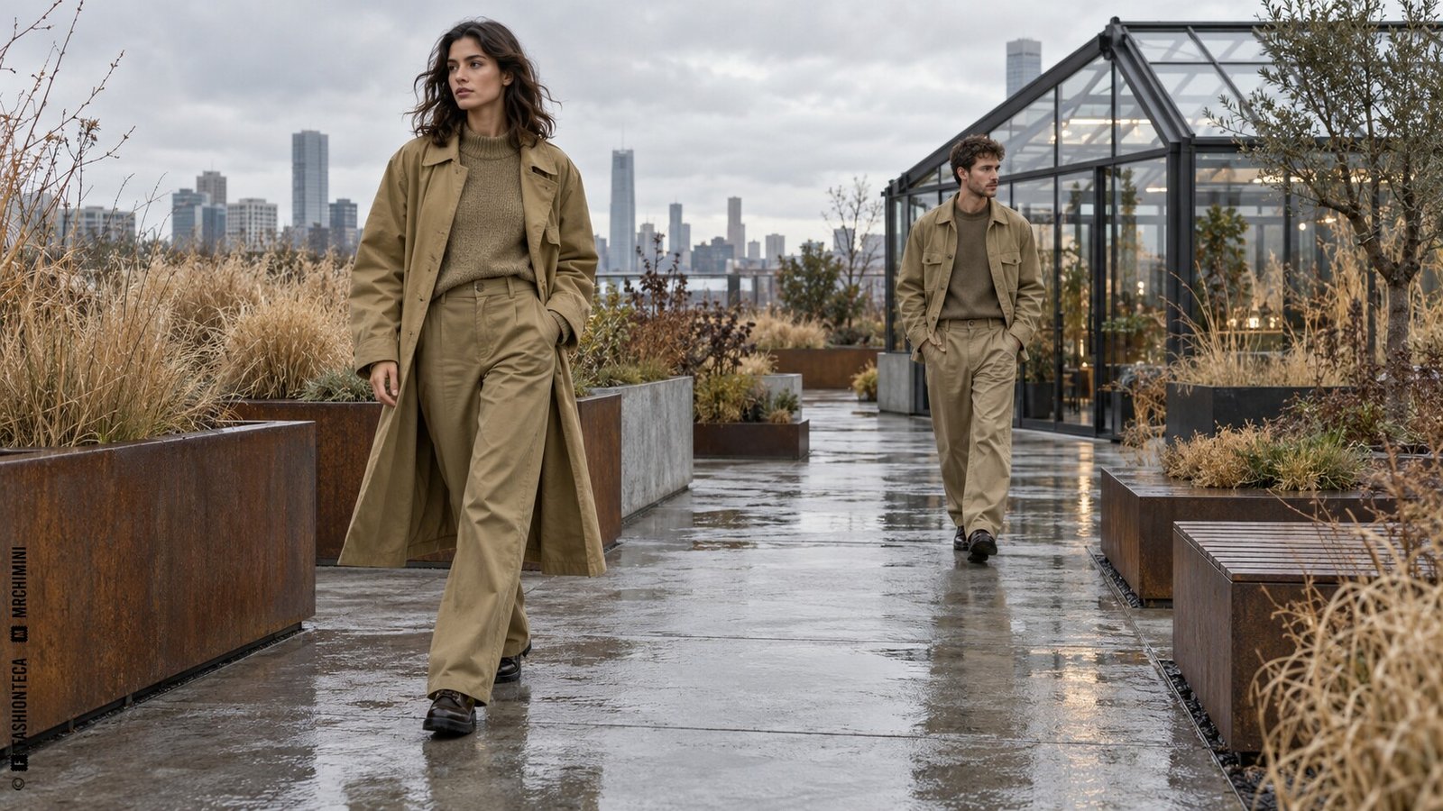 Editorial de Moda caqui en un jardín urbano después de la lluvia con dos modelos de cuerpo entero