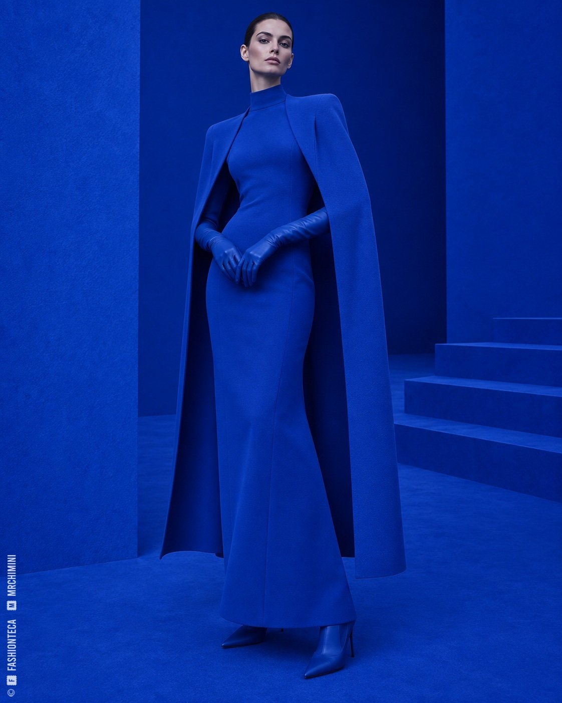 Modelo de cuerpo entero con vestido escultórico de azul Klein intenso en un espacio monocromo