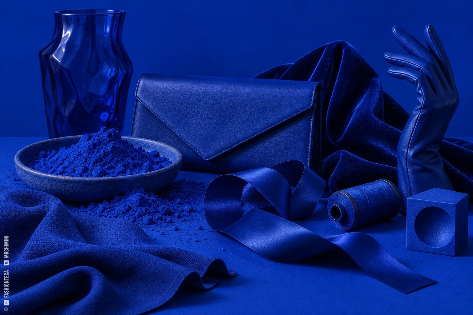 Bodegón azul Klein con pigmento ultramar, lana, satén, cuero, vidrio, cerámica, esponja e hilo