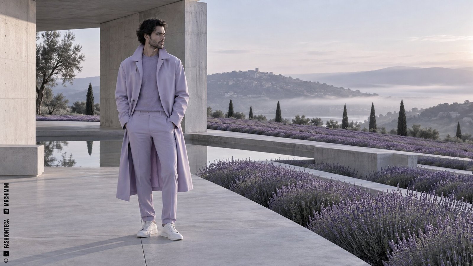 Editorial de Moda lavanda en un pabellón de hormigón junto a terrazas de plantas aromáticas al amanecer