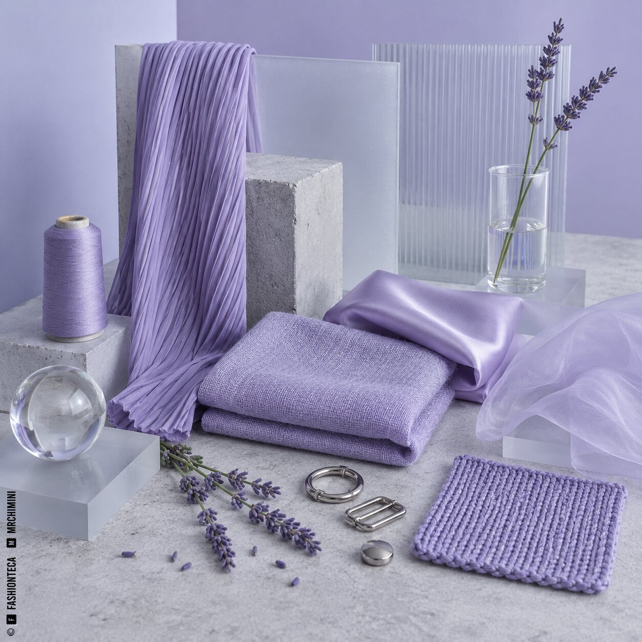 Bodegón lavanda con tejido plisado, lino, satén, punto, organza, vidrio, herrajes, hilo y tallos de lavanda