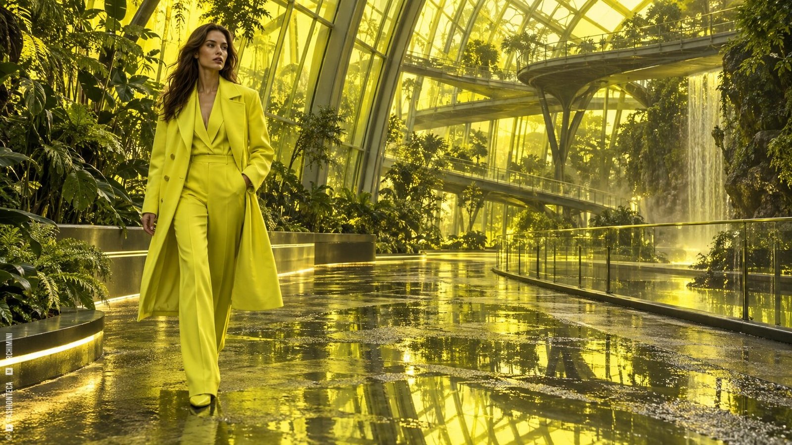Editorial de Moda amarillo limón en un pabellón botánico futurista después de la lluvia