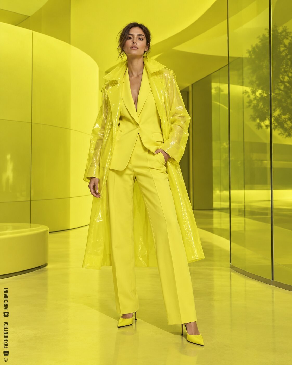 Modelo de cuerpo entero con impermeable translúcido y sastrería amarillo limón en una arquitectura monocromática