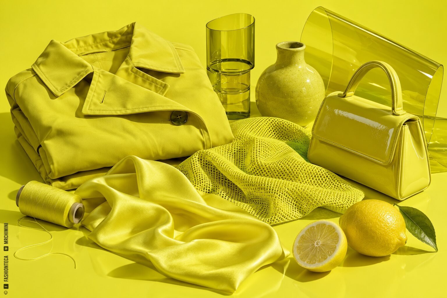 Bodegón amarillo limón con gabardina técnica, seda, malla, charol, vidrio, cerámica, hilo y limones