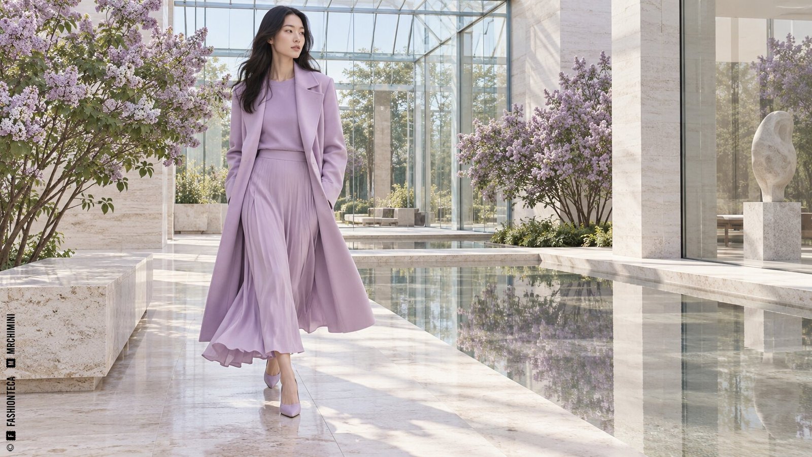 Editorial de Moda lila en un patio acristalado con piedra clara, agua y arbustos de lilas en flor