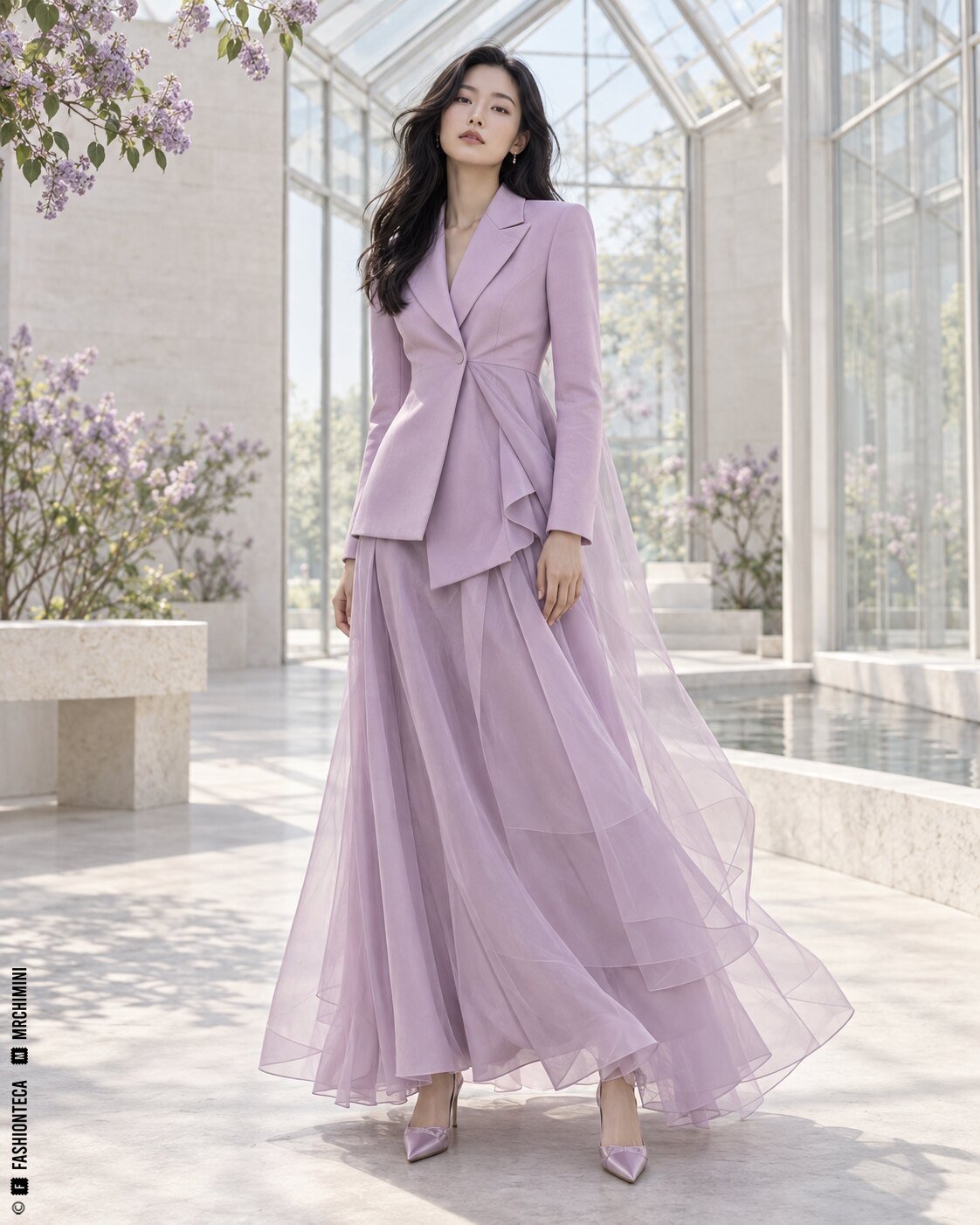 Modelo de cuerpo entero con sastrería y organza lila en un invernadero contemporáneo luminoso