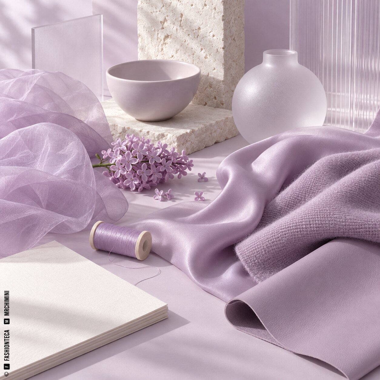 Bodegón lila con organza, seda, lana, cuero, porcelana, vidrio, hilo, papel y flores de lila