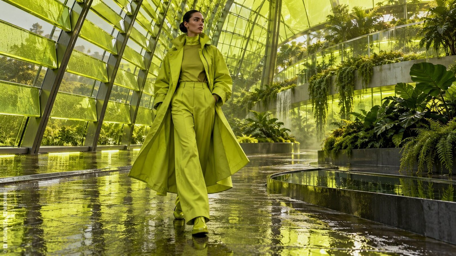 Editorial de Moda verde lima en un gran invernadero de vidrio después de la lluvia