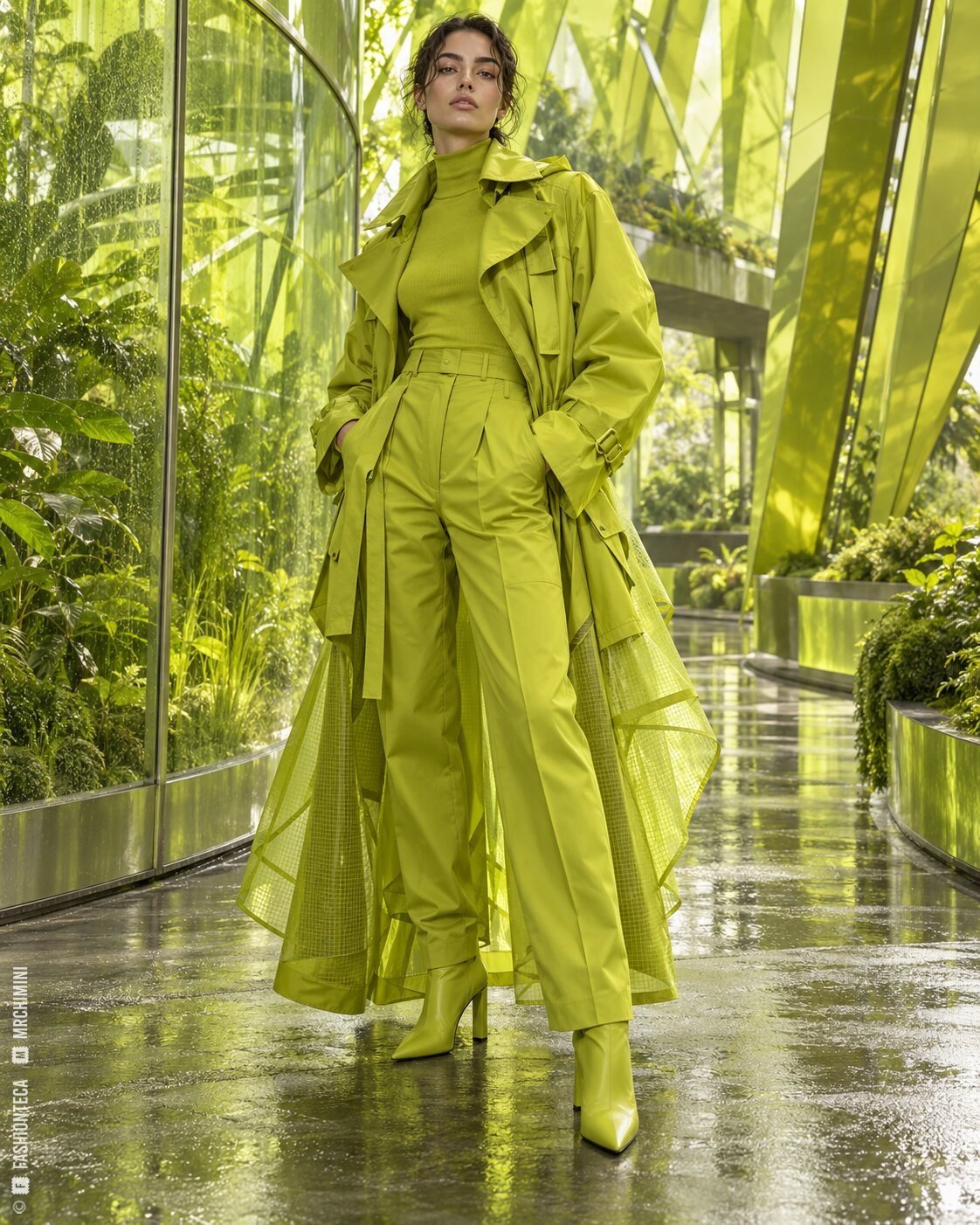 Modelo de cuerpo entero con sastrería técnica y capa translúcida verde lima en un invernadero futurista