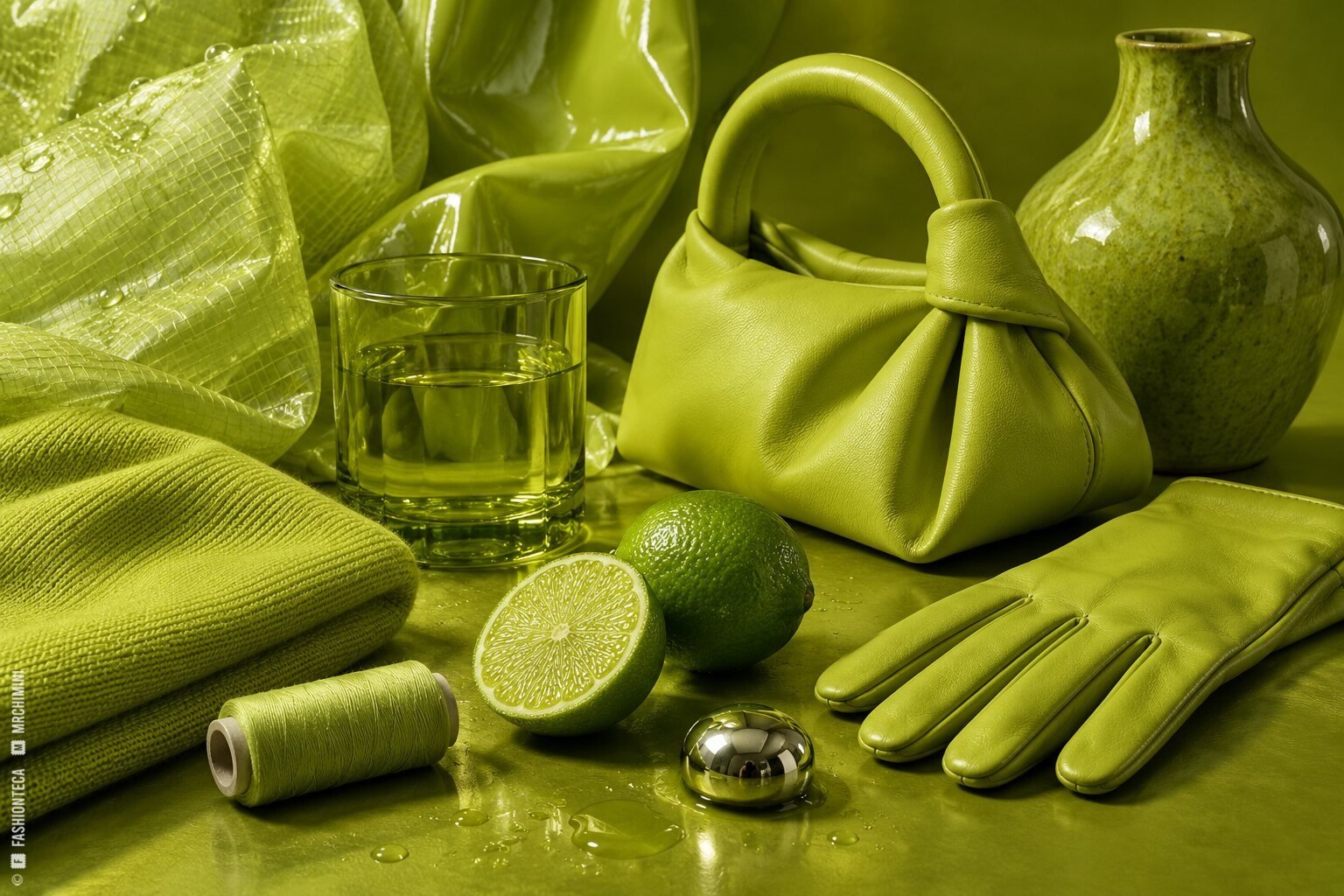 Bodegón verde lima con nylon, punto, cuero, bolso, vidrio, cerámica, hilo, metal y fruto