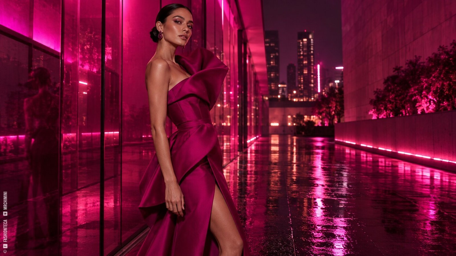 Editorial de Moda magenta en una arquitectura nocturna iluminada con luz rosa violácea