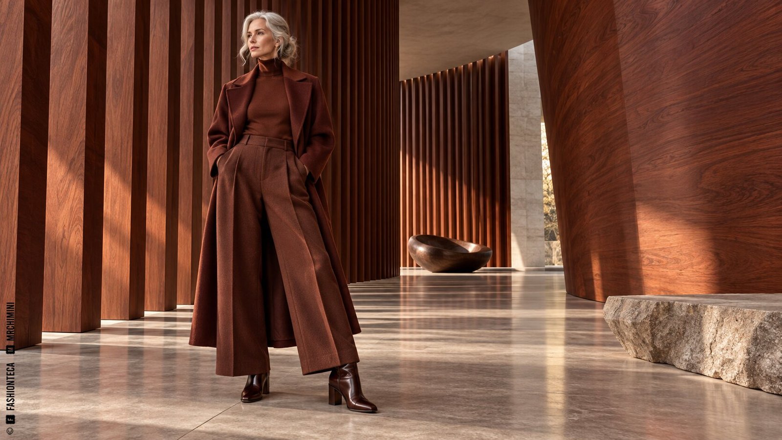 Editorial de Moda caoba en una arquitectura contemporánea de madera rojiza y piedra