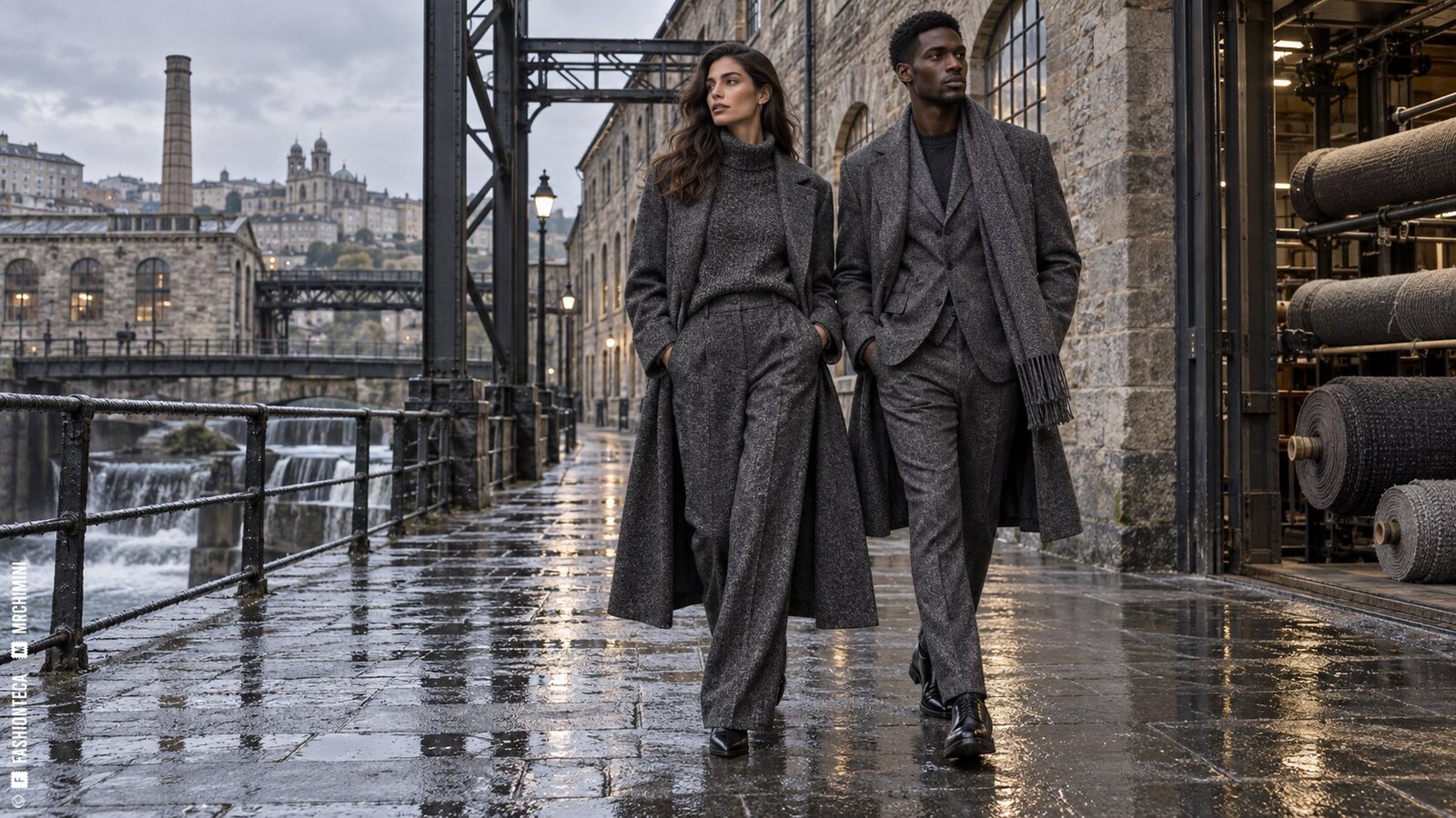 Editorial de Moda marengo con dos modelos junto a una fábrica textil bajo la lluvia