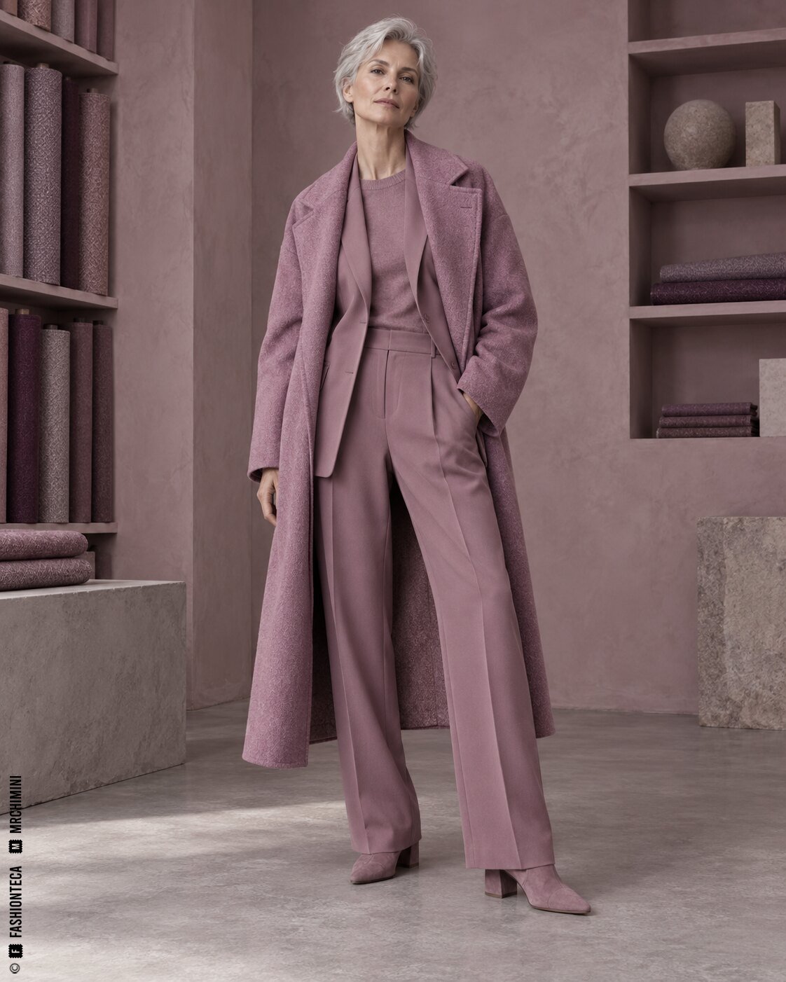 Modelo de cuerpo entero con abrigo y traje malva empolvado en un archivo textil contemporáneo