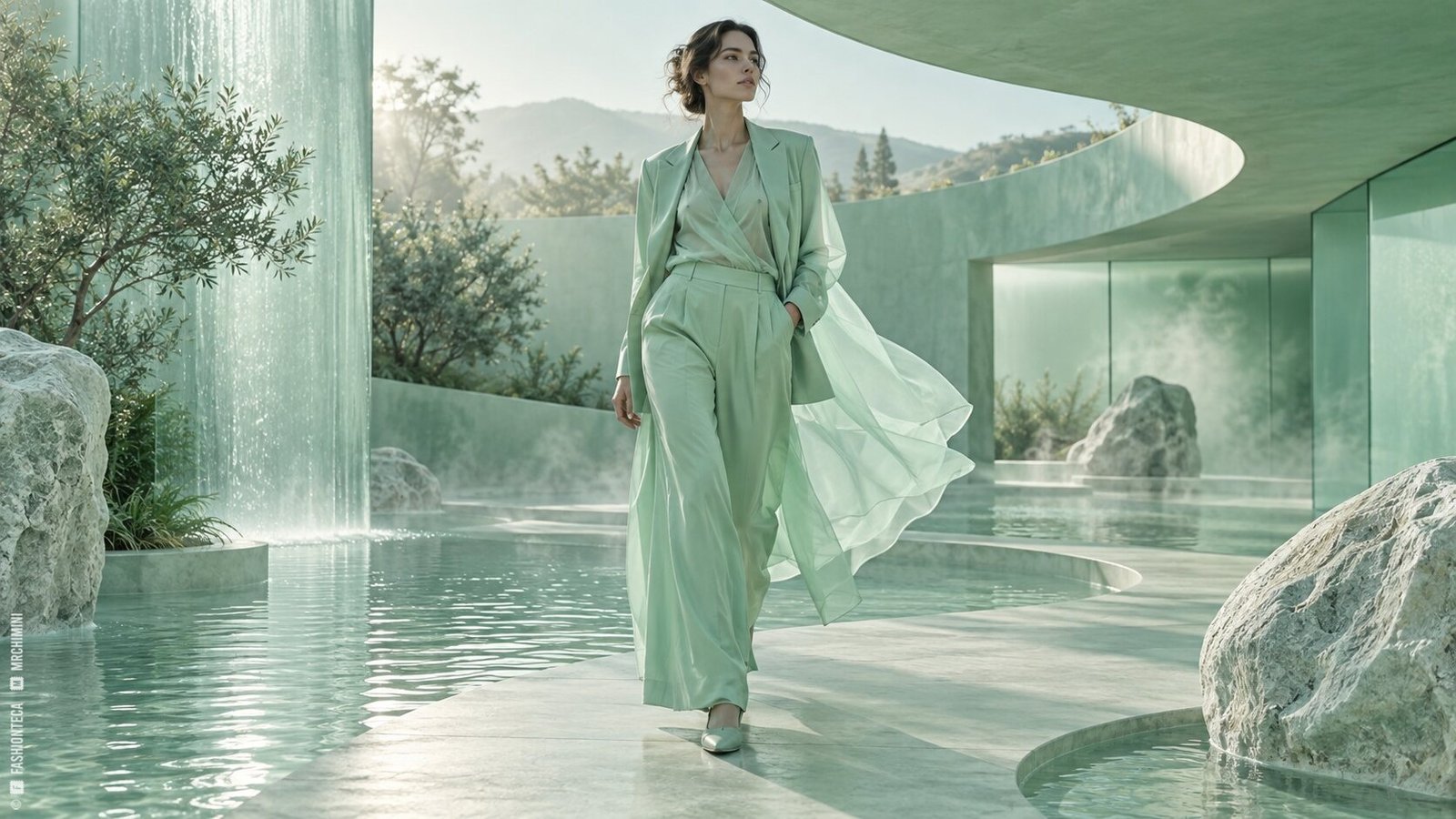 Editorial de Moda verde menta en una arquitectura termal de agua, vapor y vidrio