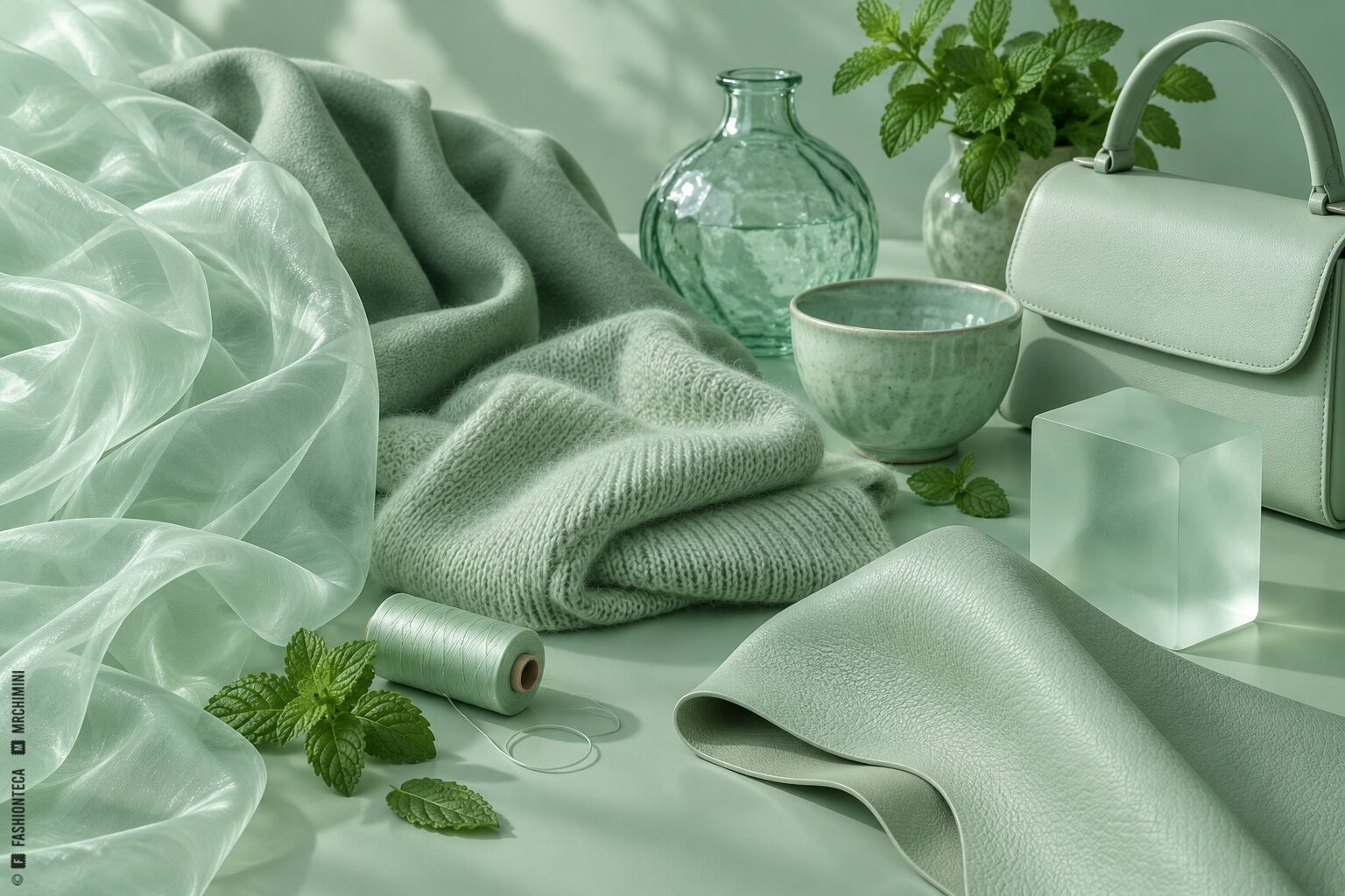 Bodegón verde menta con organza, lana, punto, cuero, bolso, vidrio, cerámica, hilo y hojas