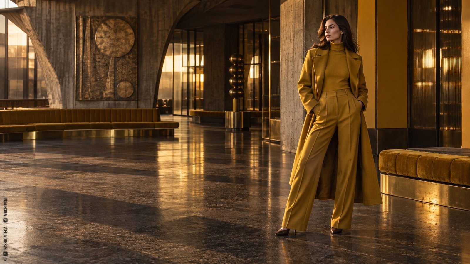 Editorial de Moda mostaza en un interior brutalista contemporáneo de inspiración setentera