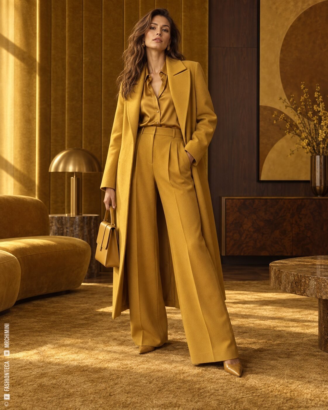 Modelo de cuerpo entero con abrigo, pantalón amplio y blusa amarillo mostaza en un interior modernista