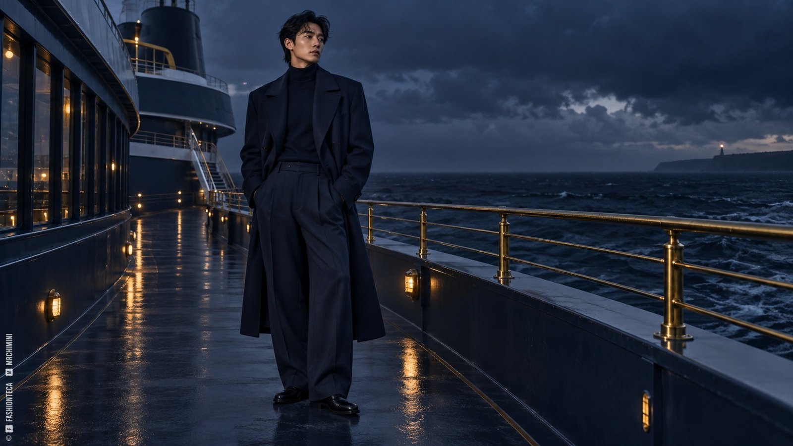 Editorial de Moda azul marino en un puerto nocturno con arquitectura naval y reflejos de agua