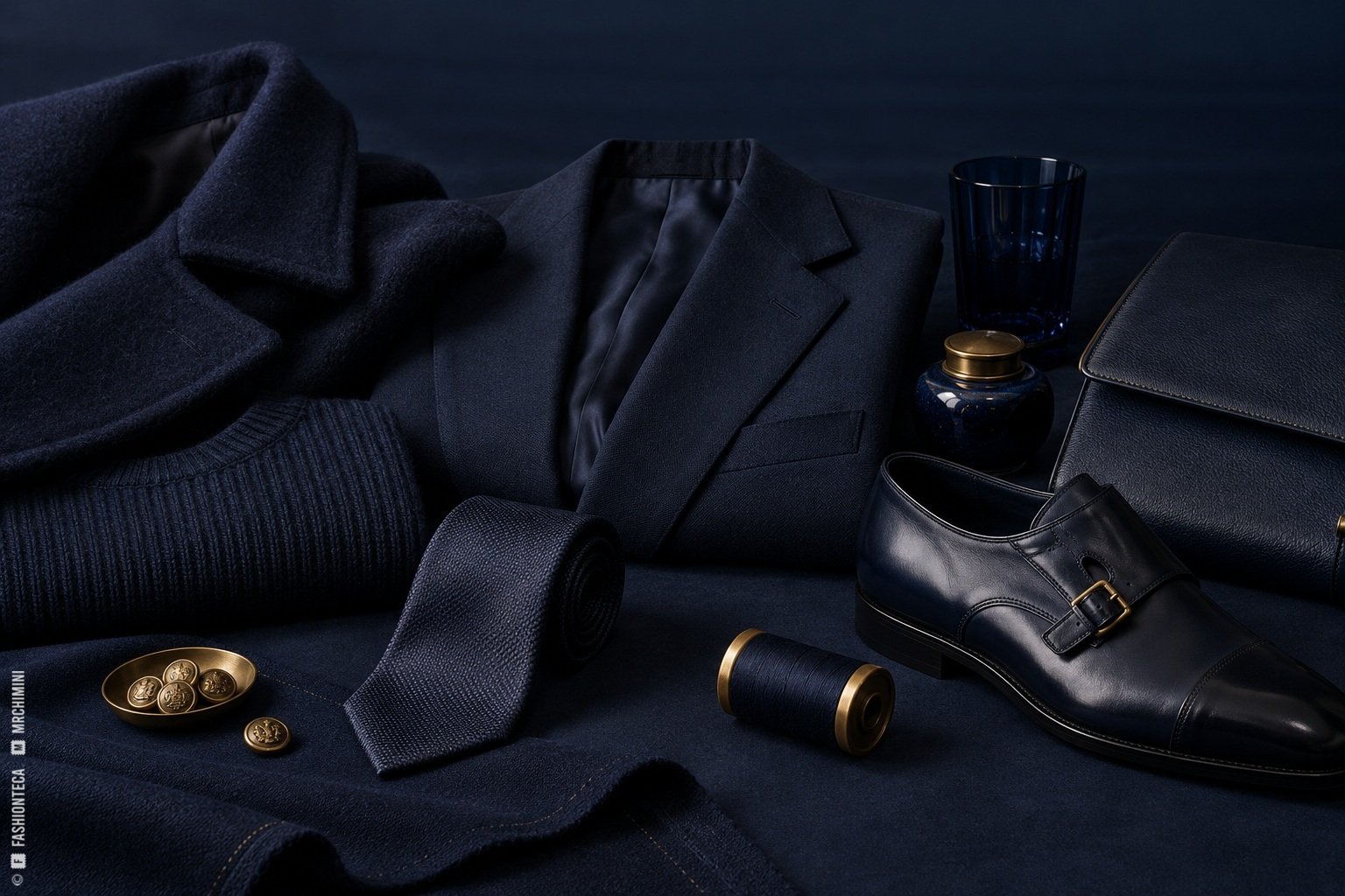 Bodegón azul marino con lana, punto, gabardina, cuero, vidrio, metal, hilo y botones de uniforme