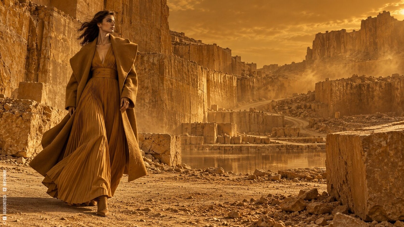 Editorial de Moda ocre en una cantera monumental bajo un cielo terroso