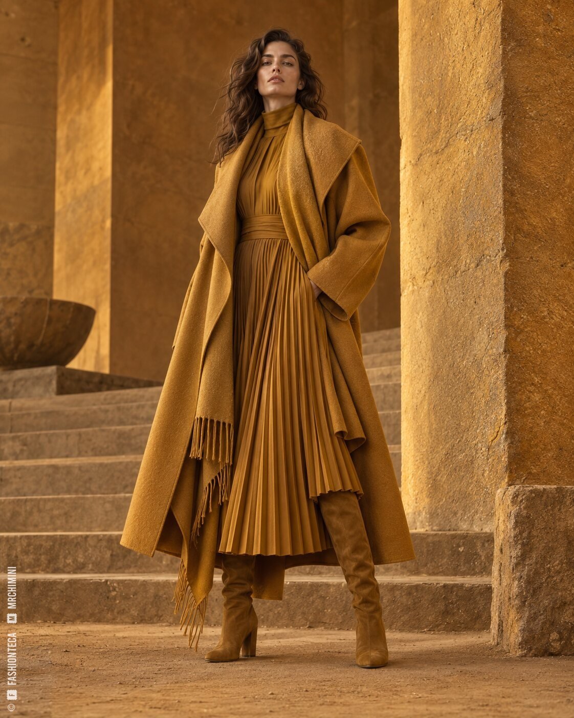 Modelo de cuerpo entero con abrigo, vestido plisado y botas ocre en una escenografía mineral