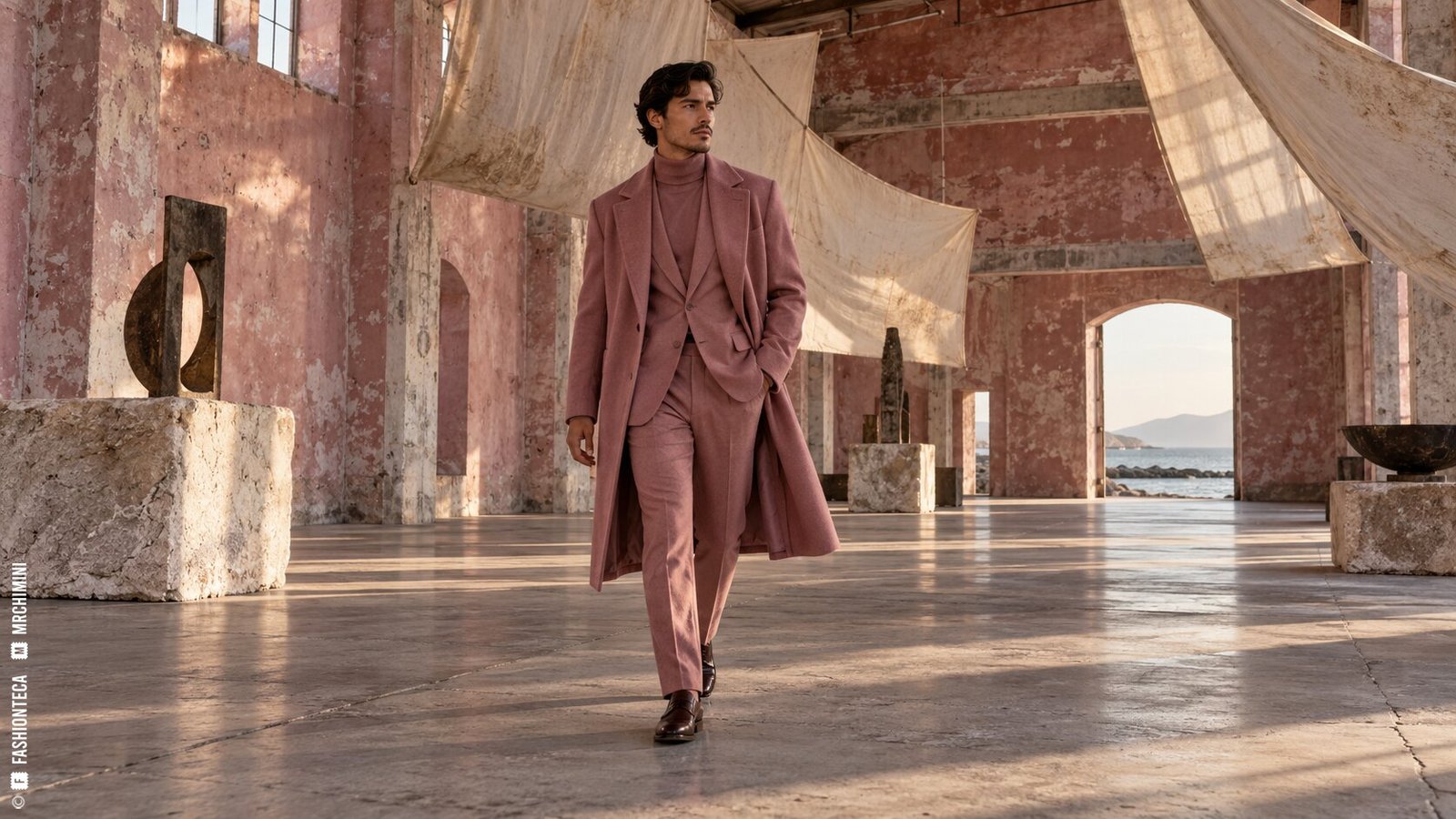 Editorial de Moda rosa viejo en una galería de estuco erosionado, piedra y luz cálida lateral