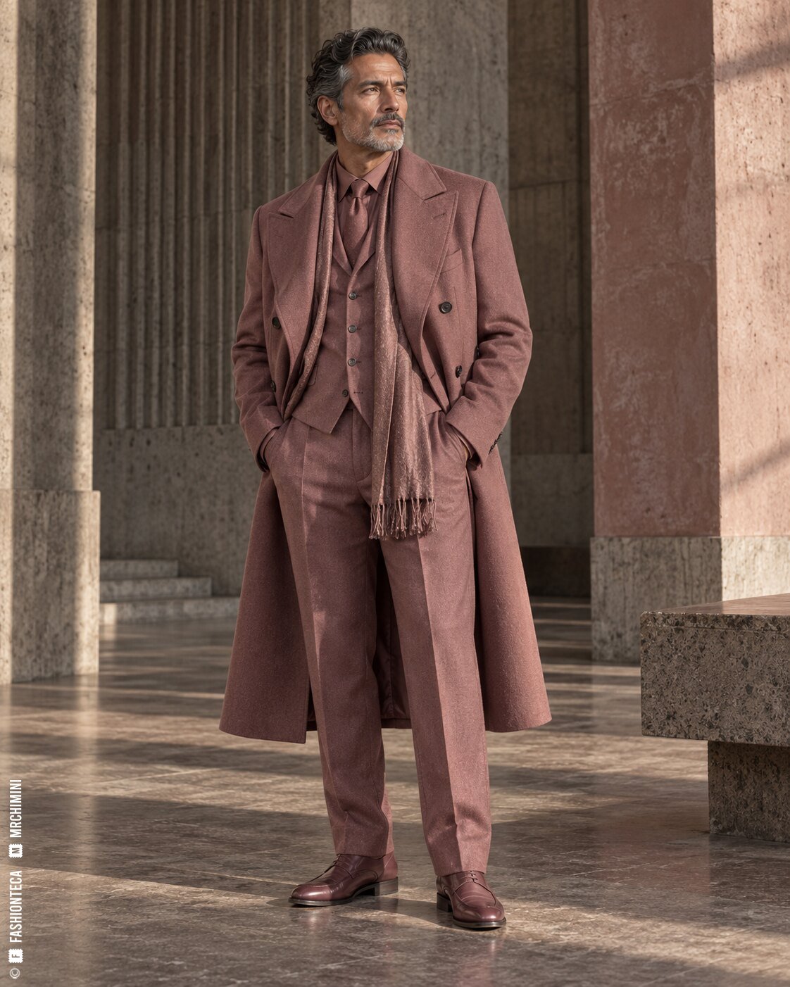 Modelo de cuerpo entero con sastrería rosa viejo en una arquitectura mineral de aspecto archivístico
