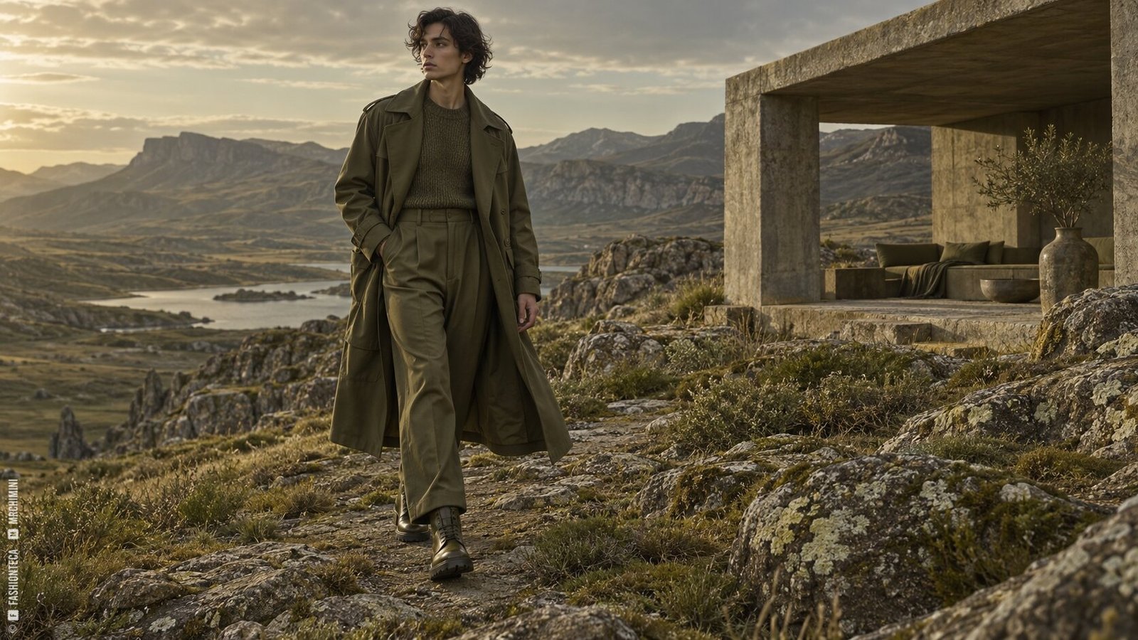Editorial de Moda verde oliva en un paisaje de montaña junto a un pabellón de hormigón