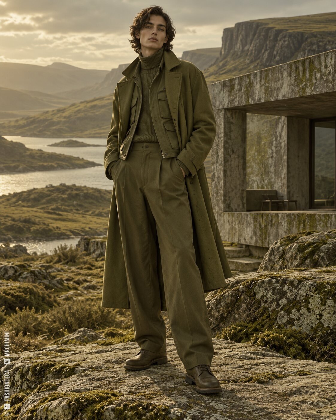 Modelo de cuerpo entero con abrigo, chaqueta y pantalón verde oliva en un paisaje de roca y arquitectura