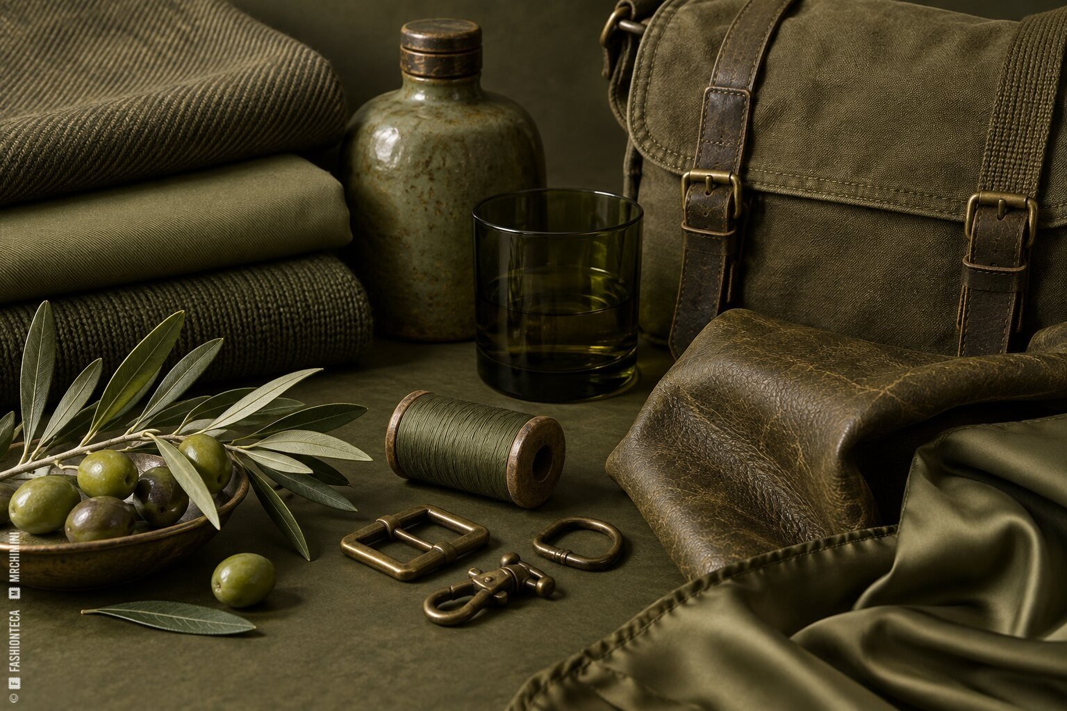 Bodegón verde oliva con lana, algodón, punto, cuero, bolsa, vidrio, cerámica, hilo, metal y rama de olivo