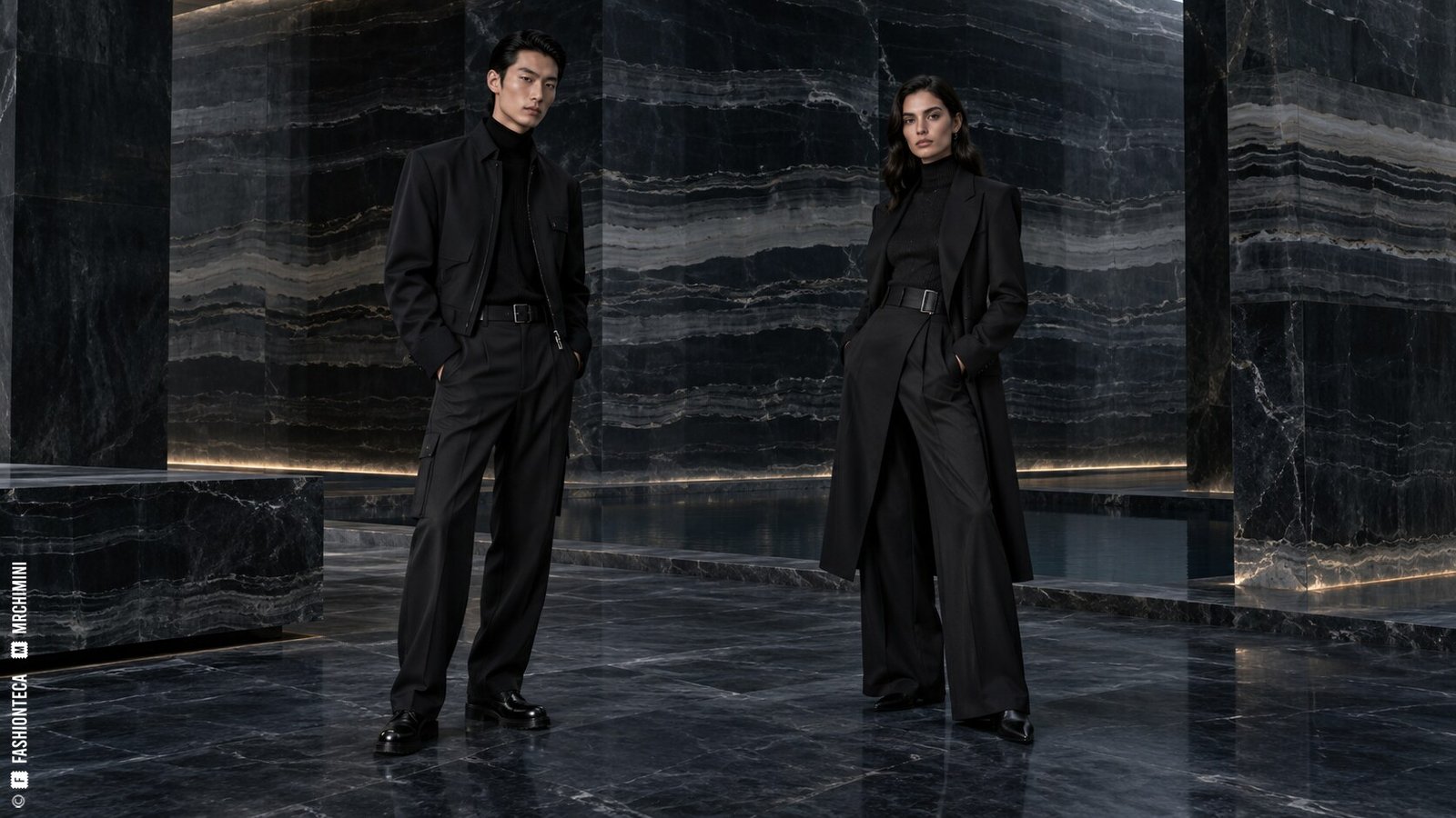 Editorial de Moda ónix con dos modelos de cuerpo entero en un pabellón mineral azul negro