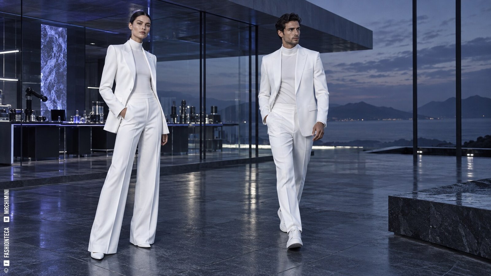 Editorial de Moda blanco óptico con dos modelos de cuerpo entero en un pabellón de vidrio oscuro